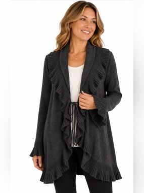 St. John Collection Charcoal Grey Ruffle-Trim Cardigan
